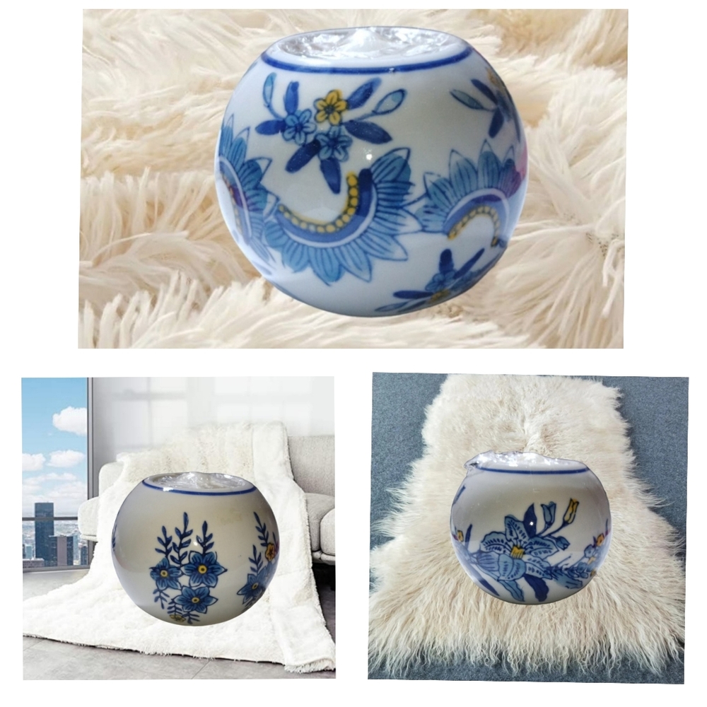 Centrum ~Ceramic Ball Tealight Holders White, Blue with Flowers and Candles 3pcs
